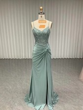 Grayish Green Mermaid Evening Dresses Spaghetti Strap Shiny Beaded Prom Gowns