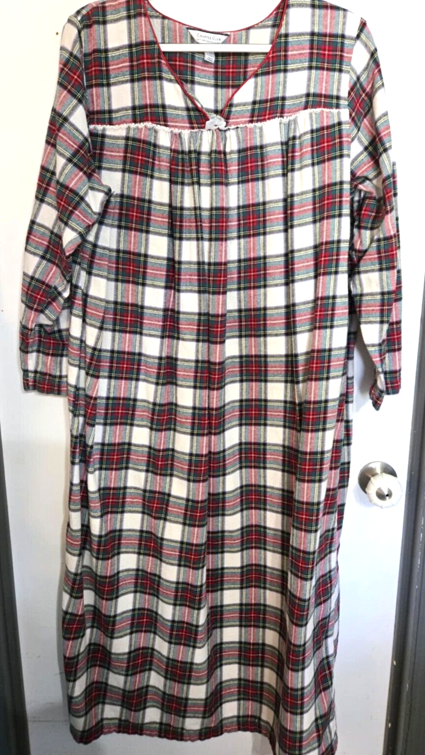 Charter Club Long Flannel Winter Nightgown Red Scottish Plaid Tartan 1X