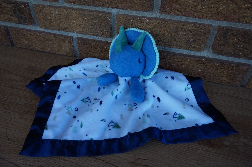 Cloud Island Dinosaur Security Blanket in Blue White Green Trees Navy Triceratops Style  
