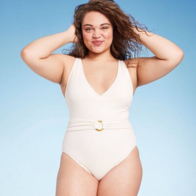 Shade & Shore Women's V-Neck One Piece Swimsuit Belted Swimwear S