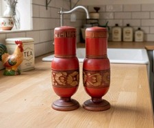 Vintage Wooden Salt & Pepper Shaker Set Green Blue Floral Decal — listing 2