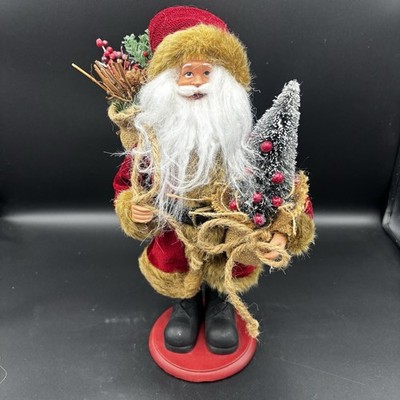 Old World Santa Christmas Tree Nature Bag Red Brown Fur Trim Santa Wood Base