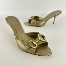 Gucci | Auth Metallic Olive Leather Silver Horse Bit Sandal Stiletto Mules (35)