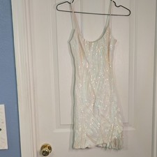 City Vibe White Sequin Fringe Mini Dress Spaghetti Strap Open Back Women's 1