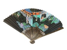 Vintage Hand Painted 2 Sided On Paper Asian Scene Folding Hand Fan Bamboo Ribs