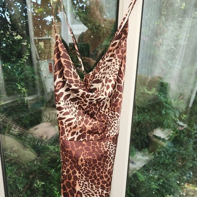 Oh Polly Brown Beige Animal Print Satin Cowl Neck Slip Dress Long Zip UK 12 - Image 1 of 4