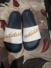 Adidas Unisex Adilette Slide Sandals Navy White Gold Logo Casual Summer Size 7