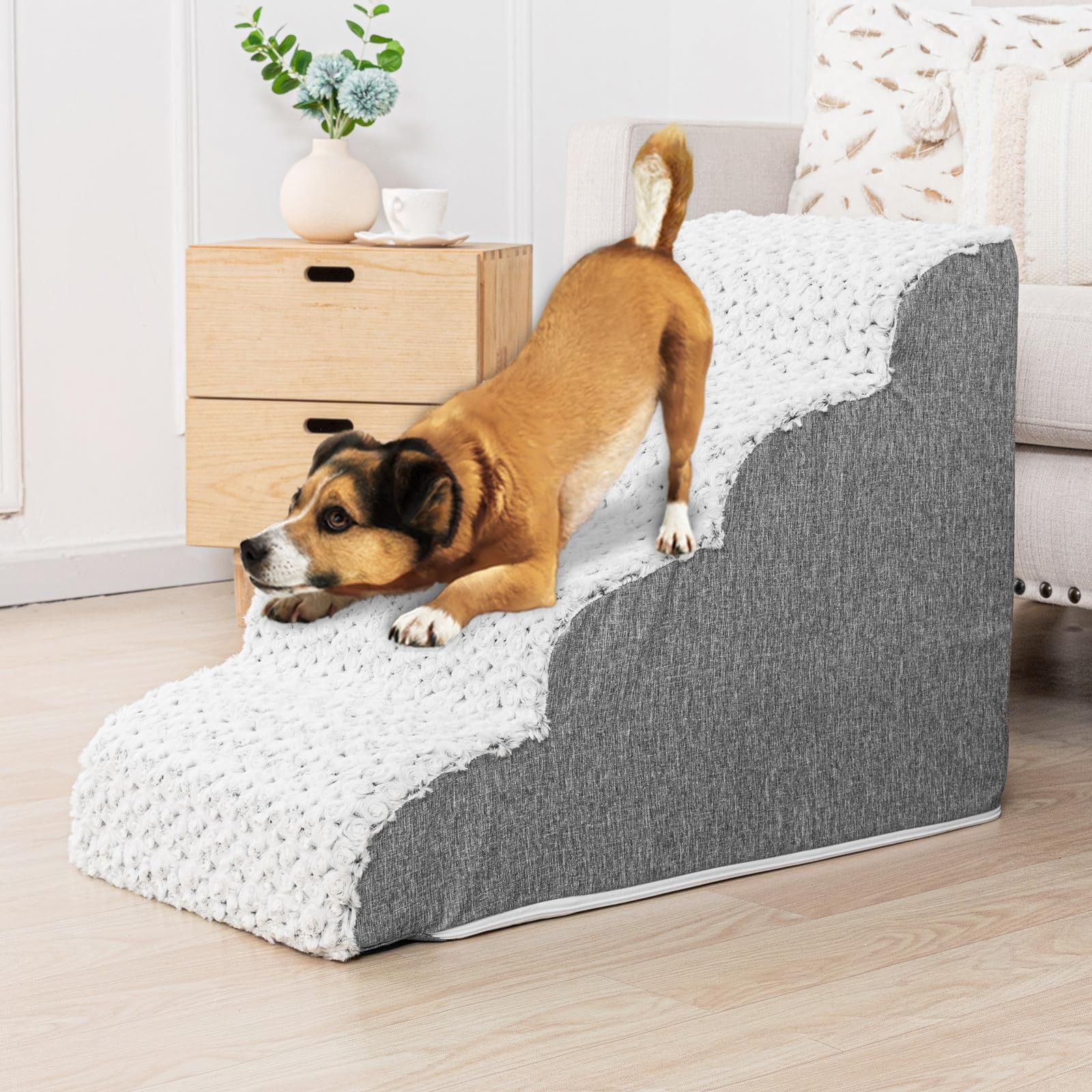 Curved 4-Step Pet Stairs for Small Dogs and Cats to Reach High Beds and Sofas