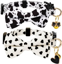 2 Pack Cotton Cat Collar with Bow Tie and Bell for Male Female Cow Heart