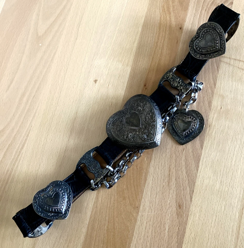 VTG Streets Ahead Mia Heart Belt Black Croc Leather Concho Chain Rock Star 32" S - Image 4 of 4