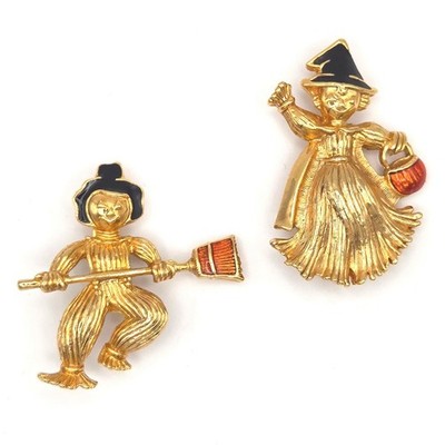 AVON Vintage Gold Tone Halloween Witch and Scarecrow Brooch Set Pumpkin Broom