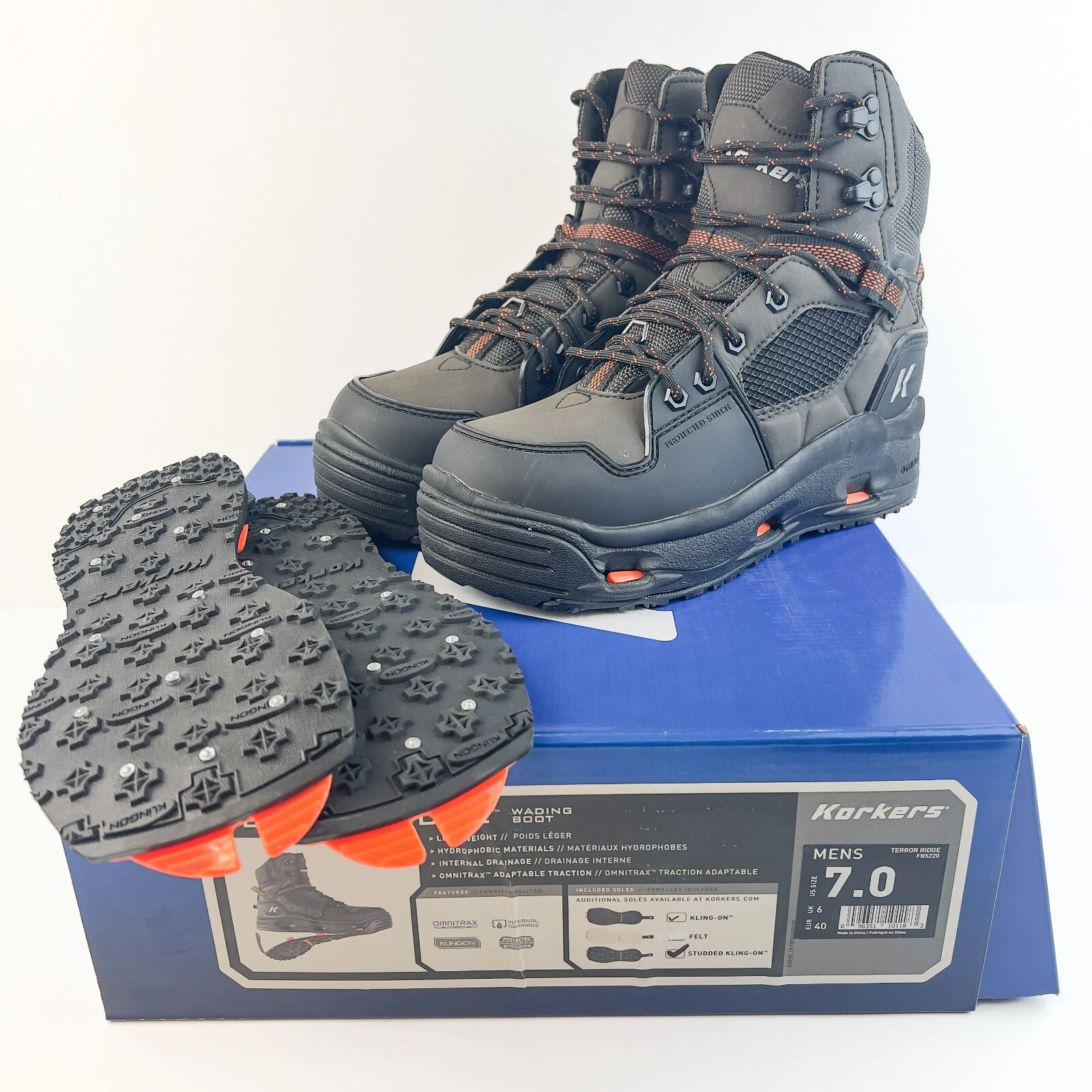 Korkers Terror Ridge Wading Boots Mens Size 7 - with Kling-On & Studded Kling-On