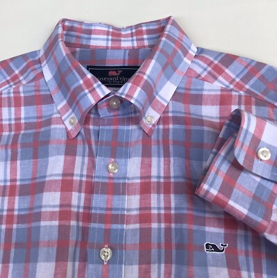 Vineyard Vines Mens Slim Fit Whale Shirt Button Down Plaid Sz L Pink Linen Blend