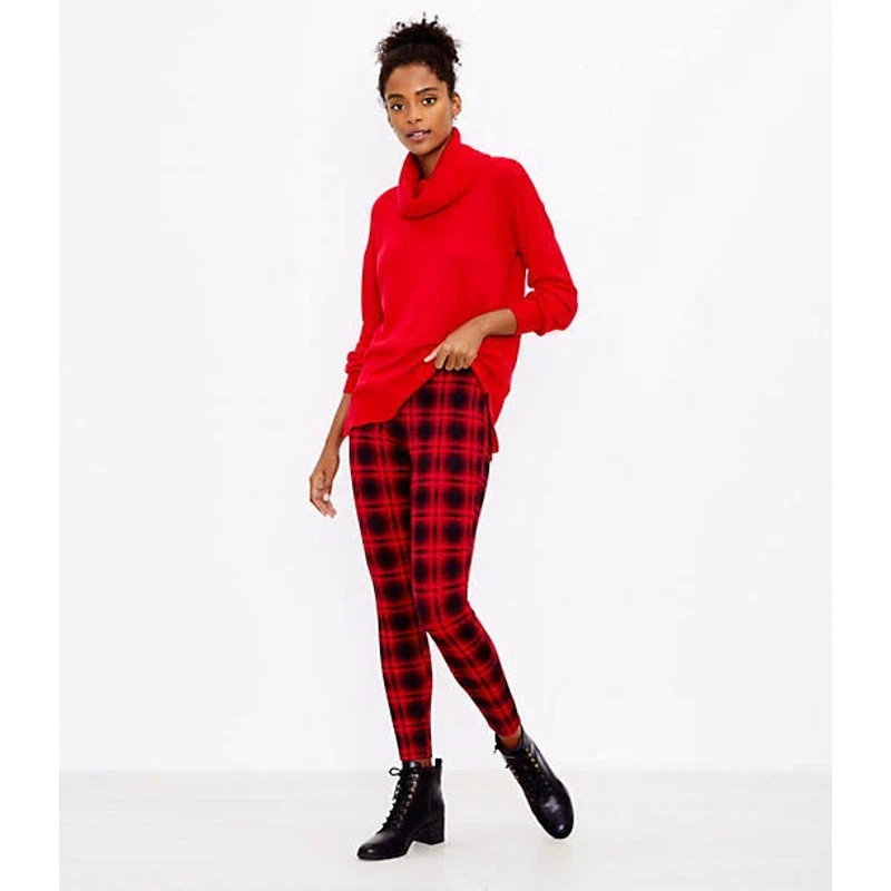 Loft Leggings Ponte Pants High Rise Buffalo Plaid Stretch Casual Red Black  XS