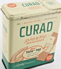 Vintage Curad Bandage Metal Tin First Aid Box Container Telfa Pad Extra Wide
