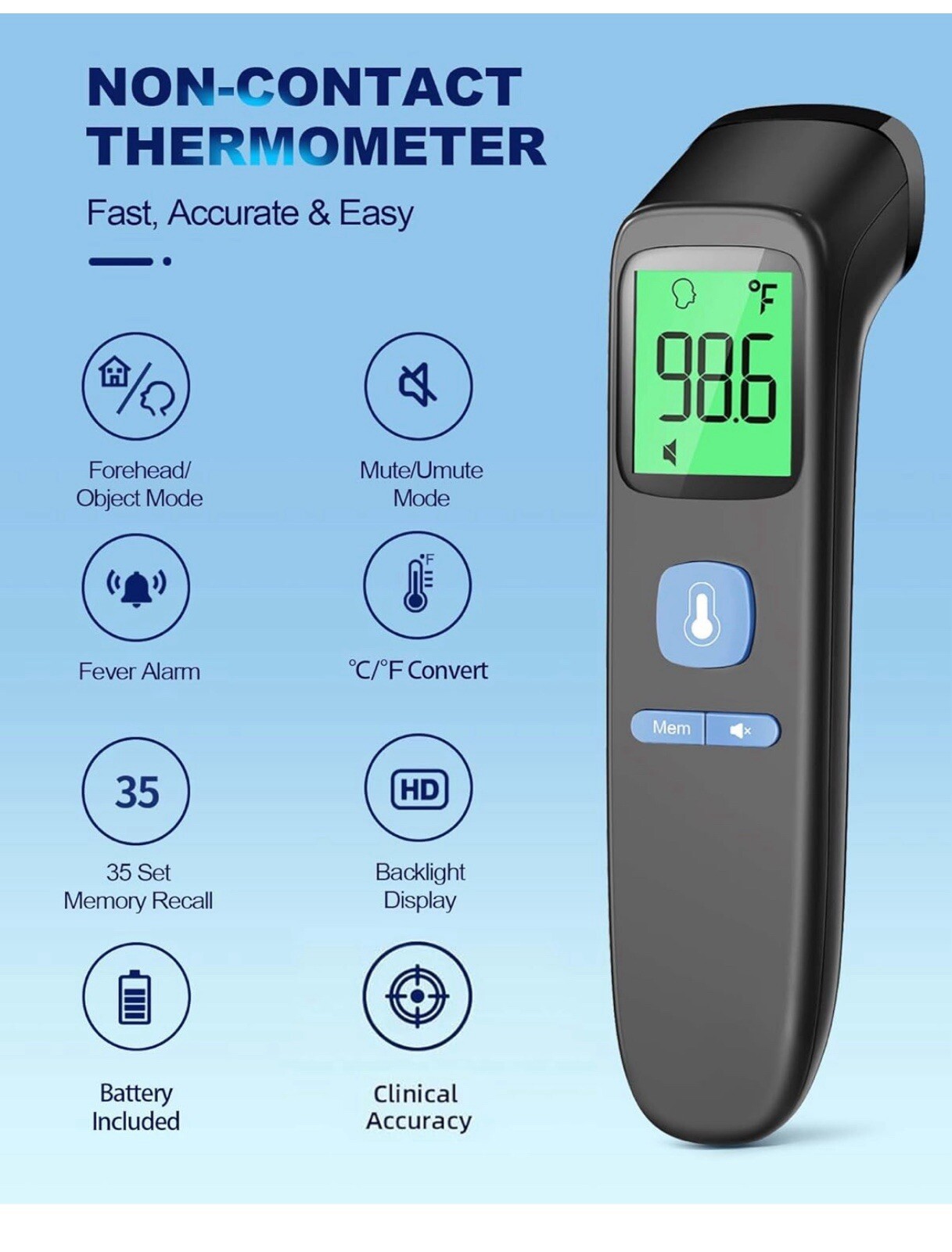 ANMEATE No-Touch Forehead Thermometer for Adults, Infrared Digital Thermometer