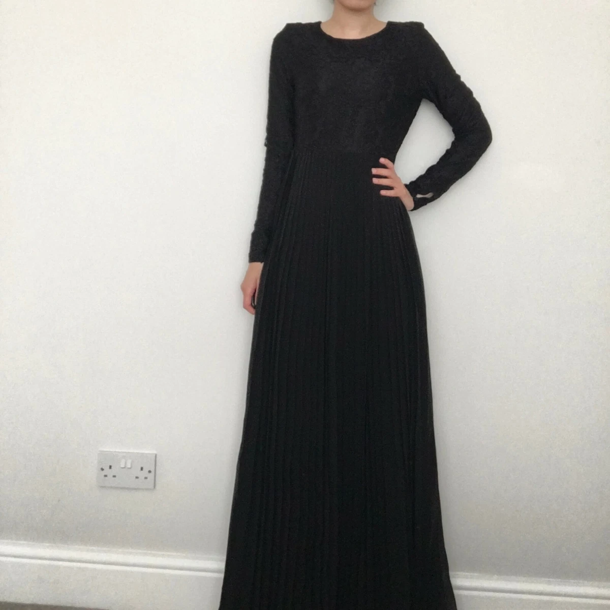Inayah Black Pleated Maxi Dress With Lace Bodice Size S 62