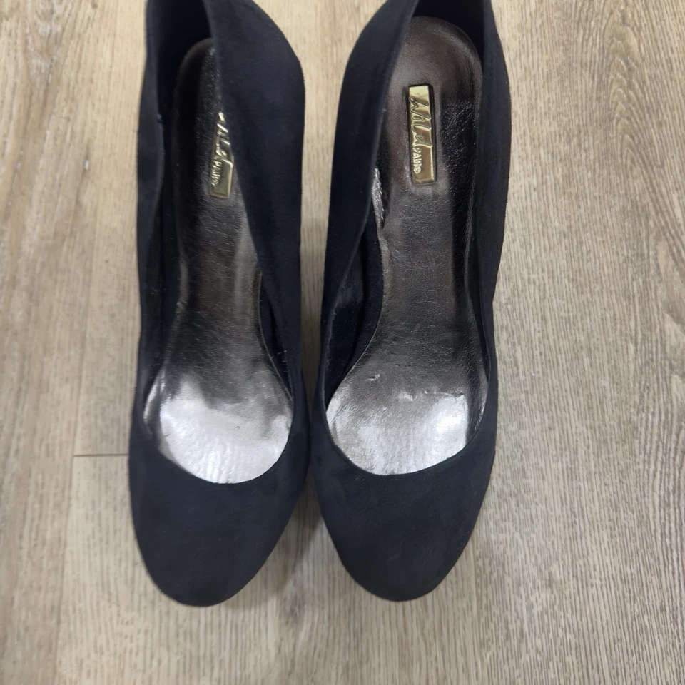 Wild пара на танкетке женский размер 8,5 черный искусственной замши золото детали каблуки туфли - Изображение 2 из 4