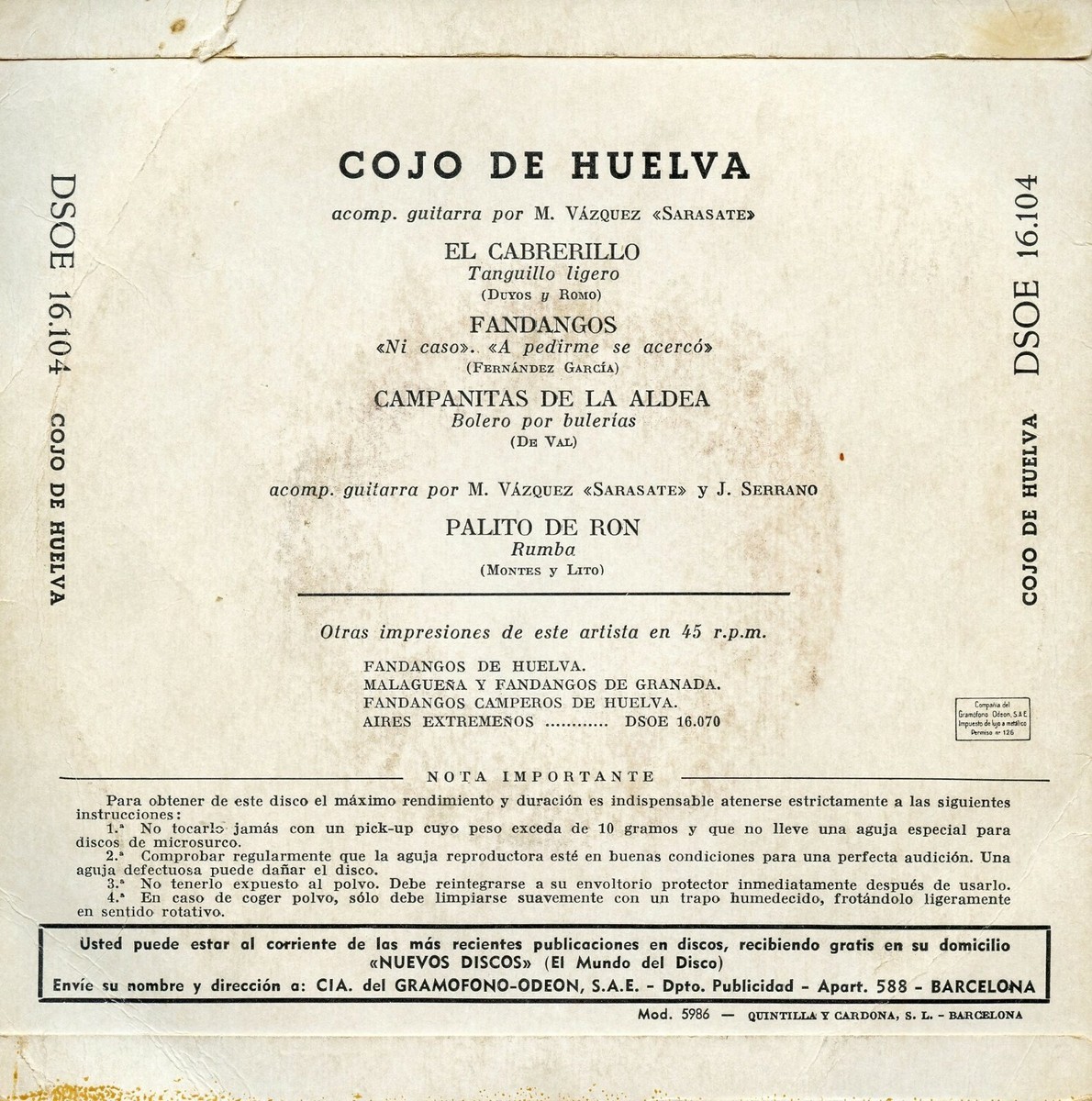 COJO DE HUELVA / Flamenco Cante / ODEON DSOE 16.104 Press Spain 1957 EP VG+