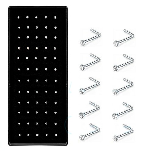 60PCS Stainless Steel Crystal Nose Studs L shaped Nose Pin Set Piercing Ring - Picture 4 of 6