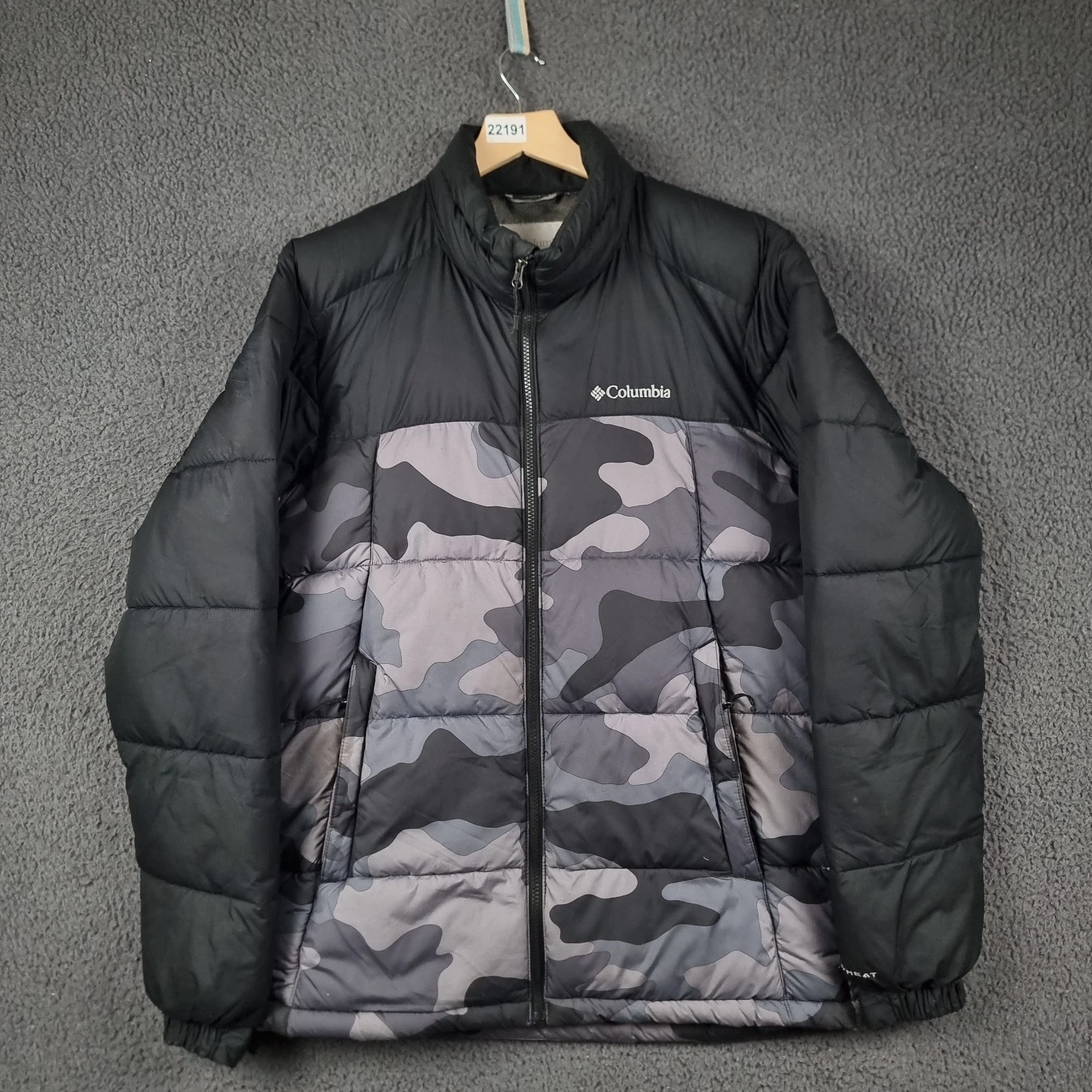 COLUMBIA Jacket Mens M Medium Black Grey Omin Heat Puffer Camo Pike Lake