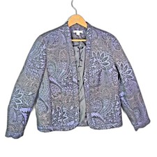 Coldwater Creek Womens Blazer Jacket M Black Periwinkle Tapestry Open Jacquard
