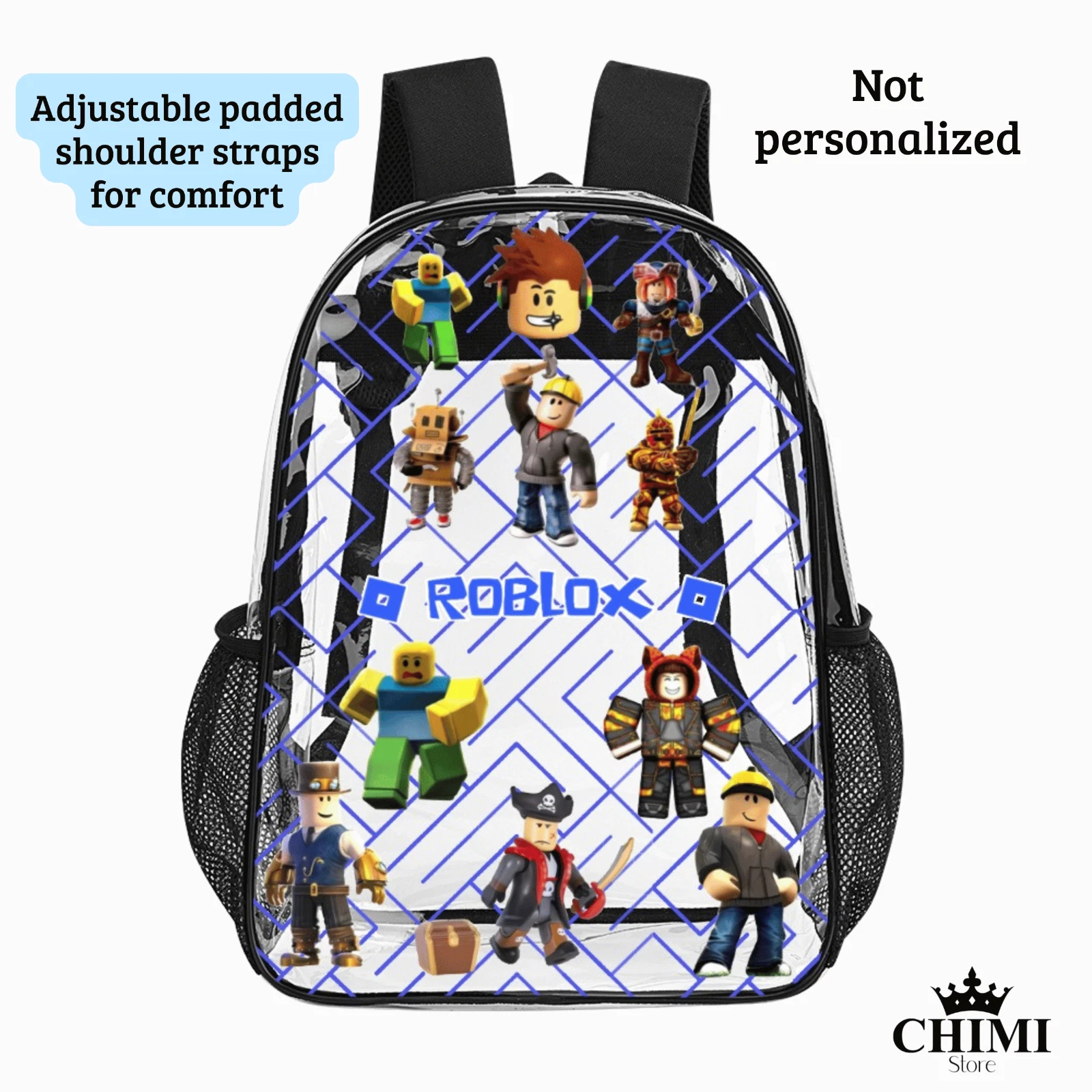 Custom Clear Roblox Backpack for Kids – Blue Logo & Name –Personalized