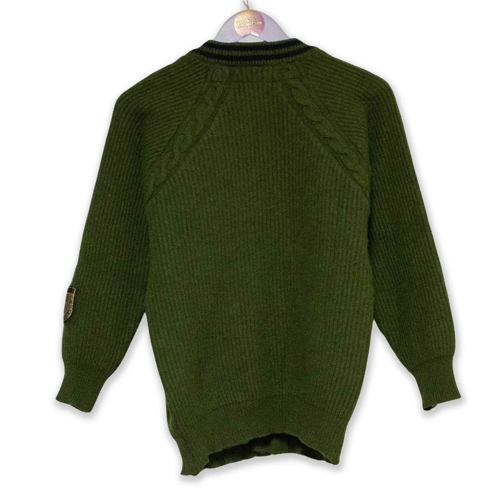 Vintage 70percent Wool Dark Green Cardigan with Patch 80s 90s - Men's Size S image 2