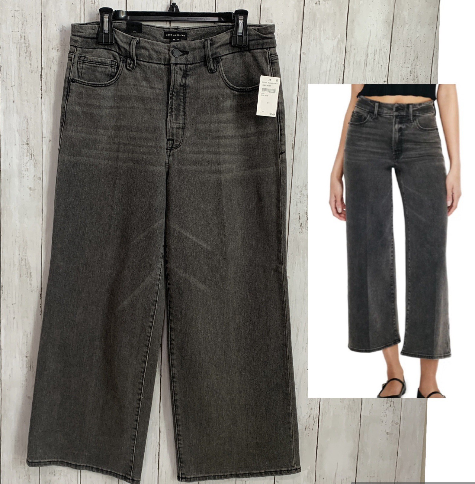 Good American Good Waist High Rise Wide Leg Palazzo Crop Black Wash Jeans 12/31