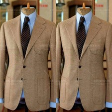 Tweed Men's Suit Business Herringbone Autumn Winter Offical Jacket Formal 2Pcs