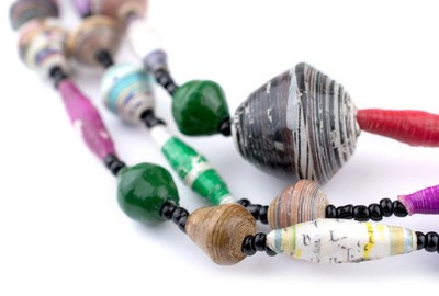 Natural Medley Recycled Paper Beads Long Strand 14mm Uganda African Multicolor