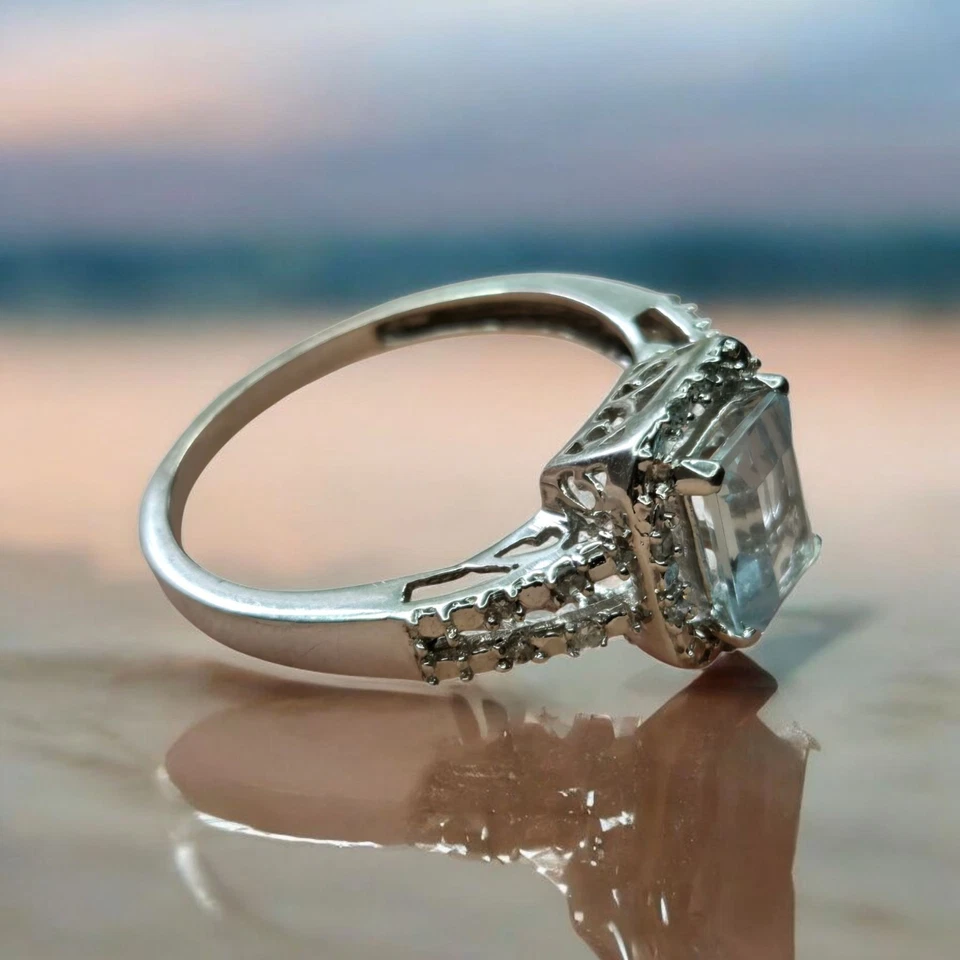 Anillo Halo Aguamarina Oro Blanco 10K Talla 6 Estilo Vintage Joyería Sello ~ 10KD Foto 3 de 4