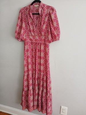 Max Studio Pink Orange Medallion Tiered Maxi Dress Medium Puff Sleeve Boho Tile