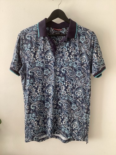Pierre Cardin Polo Shirt, UK M, Blue Paisley Print Polo Shirt, UK Size M, Used C