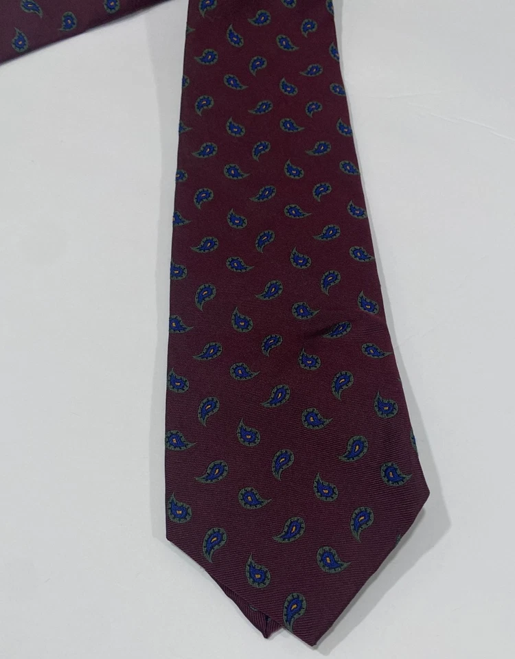 Vtg Polo Ralph Lauren Hand Made Italy Silk Tie Burgundy Teardrop Paisley Print - Image 2 of 4
