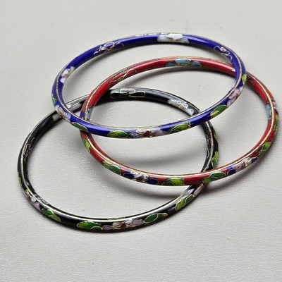Vintage Cloisonne Enamel Bangle Bracelets Set Of 3 Multicolor Gold Tone 8 Inch
