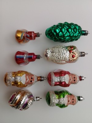 Vintage polnischer Quecksilber Glas Weihnachtsschmuck - 8 Stück