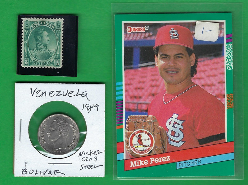 VENEZUELA 1 BOLIVAR 1989 COIN (VERY FINE) & STAMP ~ LOT #102 (*-*) + SPORTS CARD