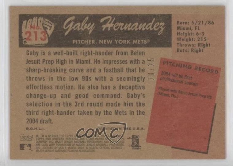 2004 Bowman Heritage Mahogany /25 Gaby Hernandez #213 Rookie RC - Image 2 of 2