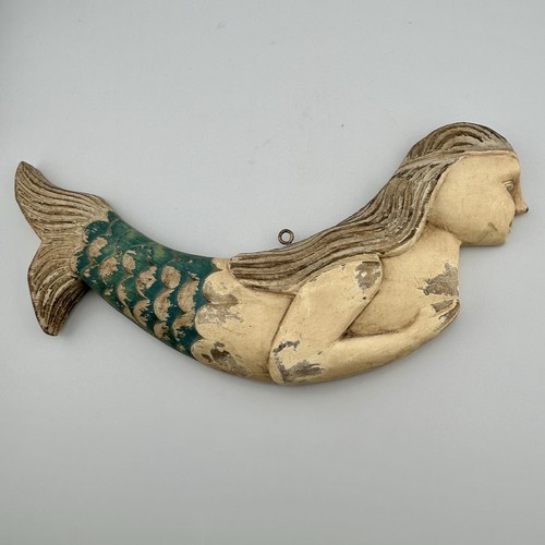 Philippines Hand Carved Wood Mermaid Plaque Distressed Finish 9″ Folk Art