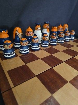Hand Painted Wooden Chess Set Folk Art Russian/Nesting Doll Style Board & Pieces