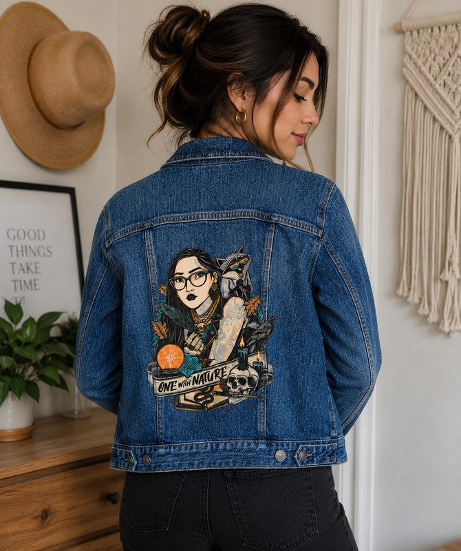 Women's Denim Jacket Gothic One With Nature Graphic Blue Jean Coat Small