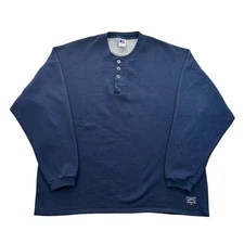 Vintage 90s Russell Athletic Blank Henley Sweatshirt Size XL Made in USA Blue
