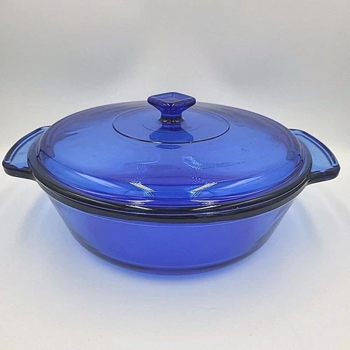 VTG Anchor Hocking Cobalt Blue 9" Round 2 qt Covered Casserole Dish w/ Lid