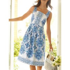 Talbots classic blue white medallion tile square neck Mediterranean dress size 8