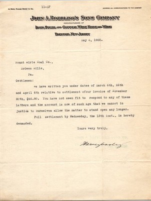 1925 John A. Roebling's Sons Co. Trenton NJ Wire Rope Manufacturer Letter