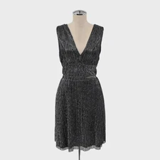MAJE Womens Shimmer Mini Dress Size S Shiny Metallic Black Silver Sleeveless