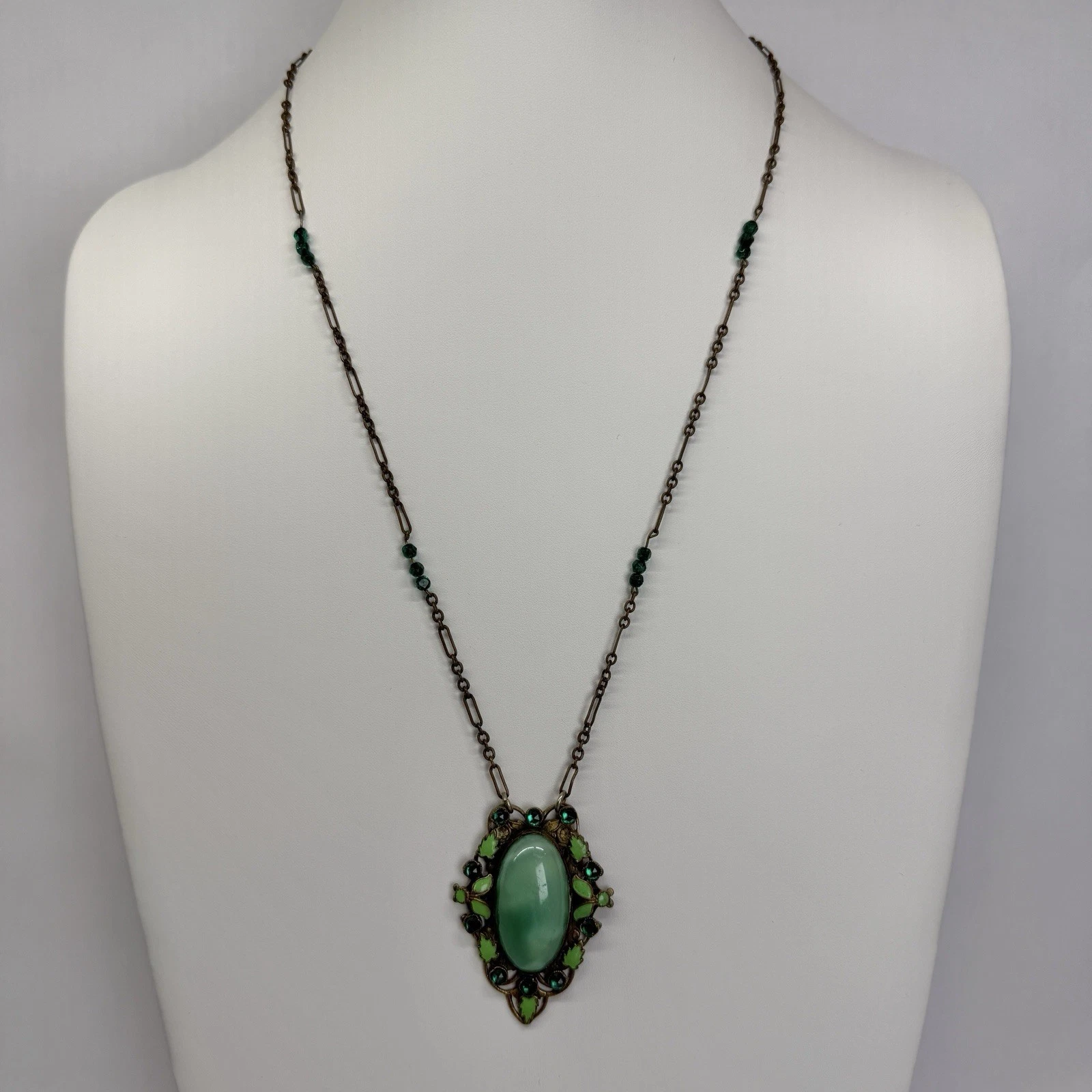 Art Deco Czech Brass Green Glass Enamel Gold Tone Vintage Necklace Jewelry N248