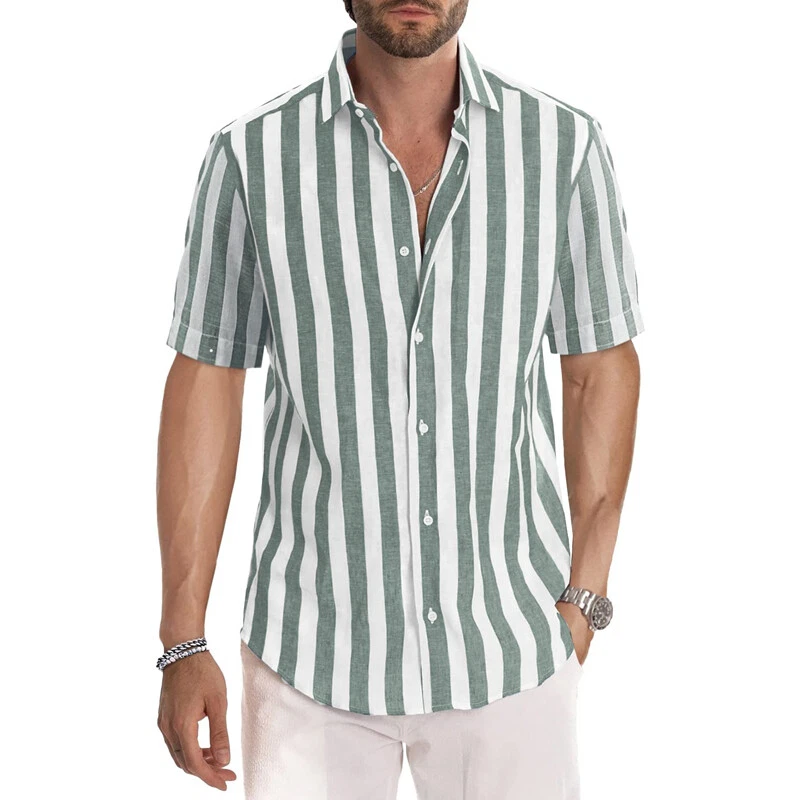 Mens Stripe Shirt Button down Loose Blouse Tops Lapel Short Sleeve Shirts UK