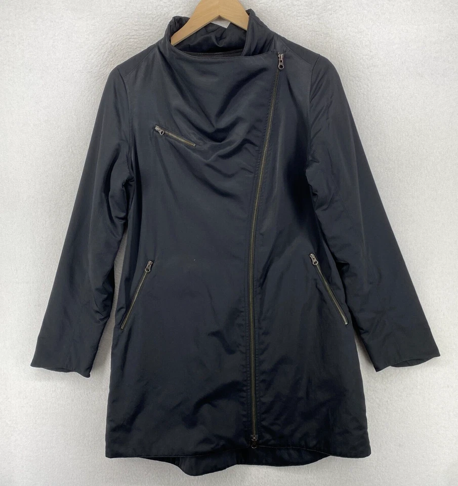 Chaqueta EILEEN FISHER XS Algodón Nylon Forrada en Vellón Abrigo Asimétrico Cremallera Moto Negro Foto 2 de 4